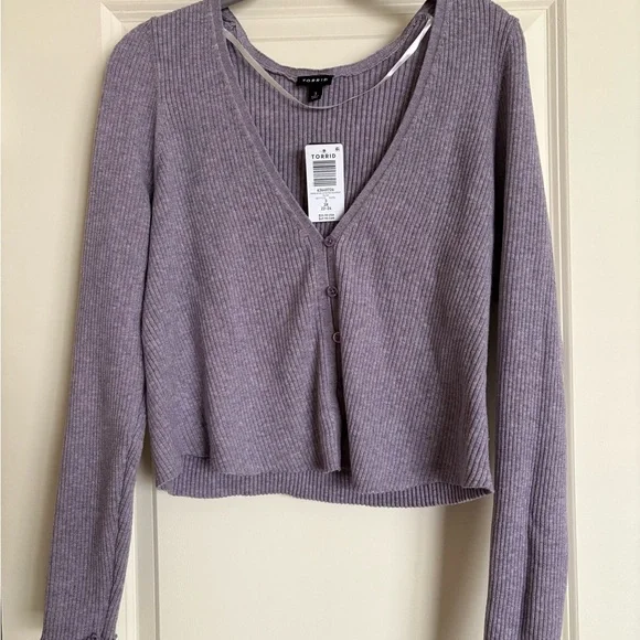 NWT Crop Purple V-Neck Sweater Ribbed Knit Super Soft Cozy - Picture 2 of 11